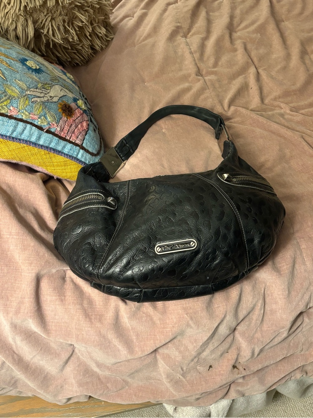 Betsey Johnson Black Shoulder Hobo Bag with Metal Logo